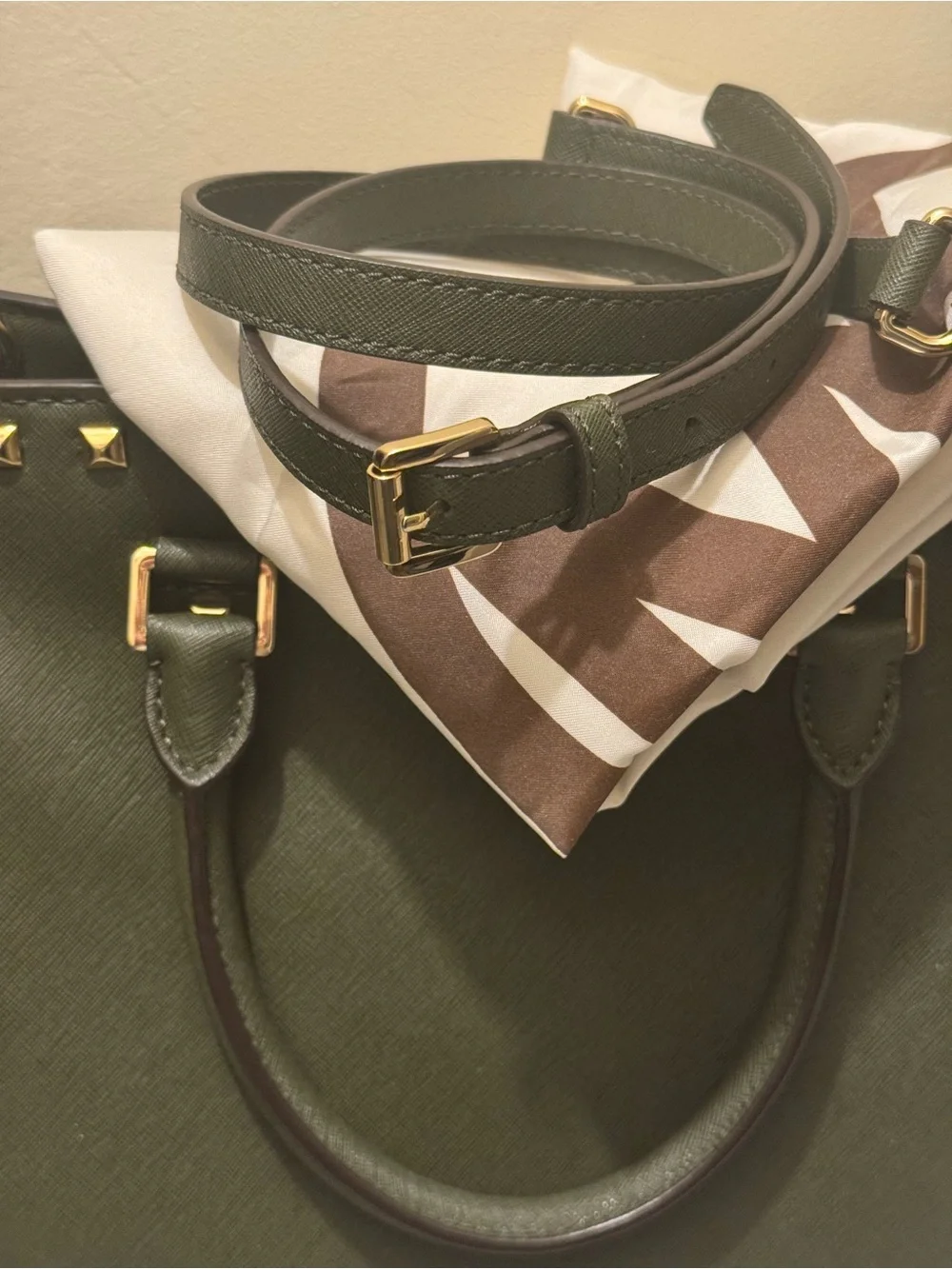 PRE-LOVED Michael Kors Olive Green Large Saffiano Leather Stud Satchel